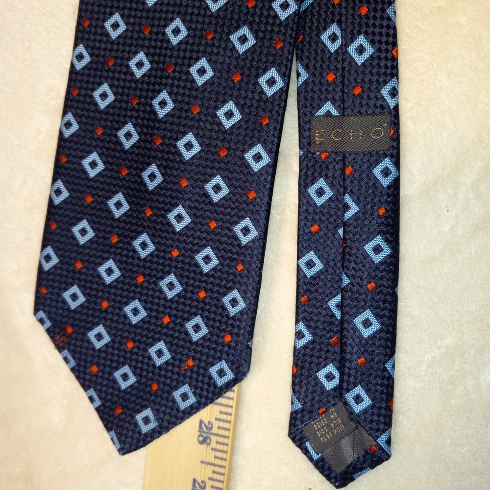 ECHO MEN'S TIE NECKTIE blue GEOMETRIC PRINT 100% SILK - MADE IN USA